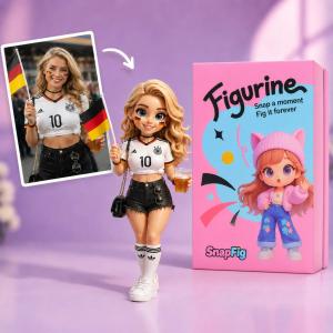 Custom 3D printed football fan figurine made from a supporter's photo, holding a national team flag, next to a pink SnapFig figurine gift box.