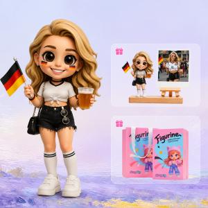 Personalized custom football supporter figurine in a national team jersey, displayed on a wooden base with a photo stand, gift box, and tote bag.