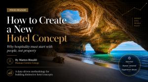Press release cover for Human Centric Group article on hotel concept development, showing a coastal cave visual with data-led hospitality strategy messaging.