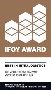 IFOY AWARD Certificate for the J1600 self-driving pallet jack from The Mobile Robot Company