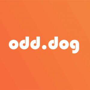 Orange box with letters odd.dog inside