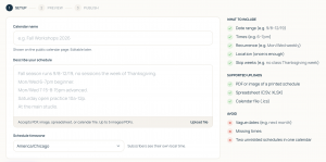 Name it, describe it in plain English, set timezone. Sidebar shows what to include, what to upload, what to avoid.