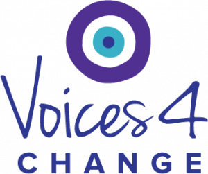 Logo created for Voices4Change features concentric circles symbolizing community coming together -  in teal and purple, colors representing the "NoMore" campaign and Domestic Violence Awareness
