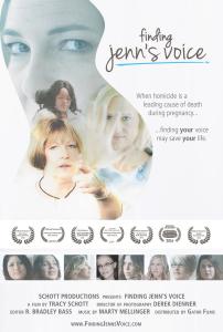 Fining Jenn's Voice Film Poster featuring photos of survivors of intimate partner homicide and a silhouette of a pregnant woman.