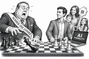 Illustration: panicked top lender loses chess to calm independent LO who has the family and an AI Visibility laptop.