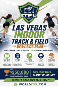 This is the WITFL Las Vegas Indoor Track & Field Tournament Flyer. Pick Your Week. Compete Together. Qualify for the Championships.  Las Vegas Indoor Track & Field Tournament December 4, 2026 – February 22, 2027 Alexis Park Resort • Las Vegas  Powered by