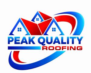 Peak Quality Roofing logo with blue and red roof icon and company name.