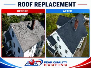 Before and after roof replacement by Peak Quality Roofing showing an older residential roof before replacement and a completed new shingle roof after installation.