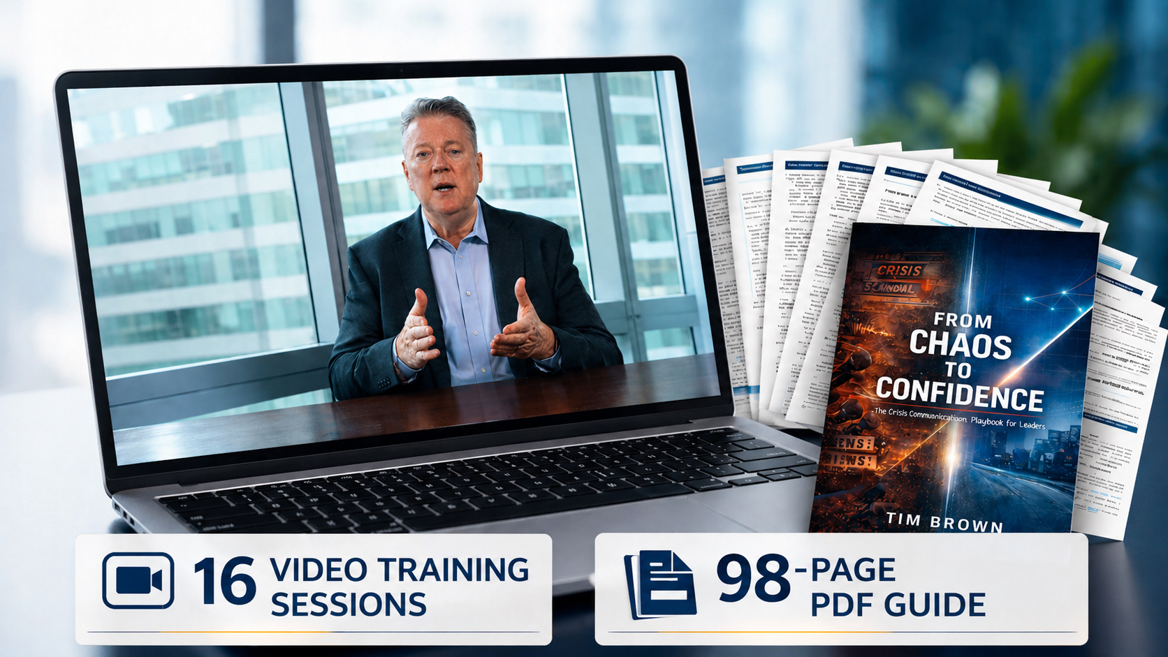 Laptop displaying veteran crisis communications advisor Tim Brown delivering executive crisis training, alongside the "From Chaos to Confidence: The Crisis Communications Playbook for Leaders" guide and supporting materials. The image represents a compreh