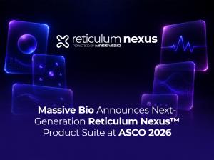 Promotional graphic with a dark navy background featuring glowing purple and blue UI cards. The Reticulum Nexus™ logo, powered by Massive Bio, is centered at the top. Bold white text reads: "Massive Bio Announces Next-Generation Reticulum Nexus™ Product S