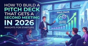 Founder presenting a pitch deck to investors with the title How to Build a Pitch Deck That Gets a Second Meeting in 2026 by Spotlight on Startups