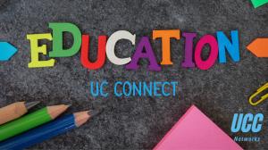 Descriptive image showing a dark grey felt background with colorful letters spelling "Education" surrounded by various school supplies such as pencils, sticky notes, and paperclips. The name "UC Connect" appears below the word "Education." The UCC Network