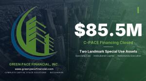 Green Pace Financial logo with headline announcing $85.5M C-PACE financing closed for two landmark special use assets.