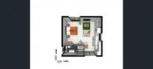 Shows floorplan of a 1 bedroom with 1 bathroom granny flat