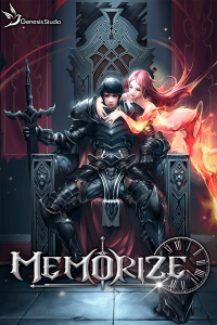 A web novel cover of Genesis Studio's main web novel: MEMORIZE depicting a male protagonist in dark armor sitting on a throne with a woman.