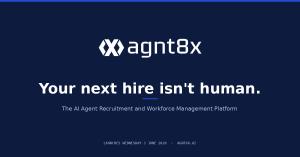 agnt8x launch card displaying the tagline "Your next hire isn't human" and the launch date Wednesday 3 June 2026, on a navy background.