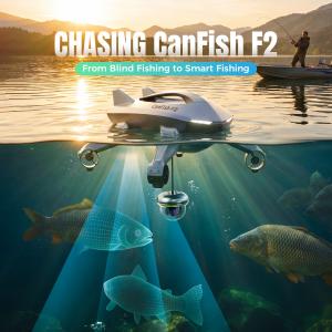 CHASING CanFish F2 AI fish finder operating on a European carp fishing lake at night with real-time underwater camera, sonar mapping, and GPS-guided bait placement.