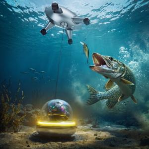 Fish approaching and striking a lure underwater captured by the CHASING CanFish F2 AI fish finder with real-time HD underwater camera technology.