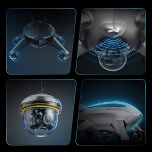 Technical structure of the CHASING CanFish F2 AI fish finder showing dual-frequency sonar module, rotating HD underwater camera system, four-thruster propulsion layout, GPS navigation technology, and streamlined marine-grade hull design.