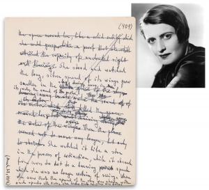 Ayn Rand autograph manuscript, an original leaf, page 409, from her book, Atlas Shrugged. The heavily edited manuscript features 80 words in Rand’s hand. Estimate: $40,000-$50,000