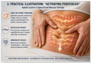 Medical illustration demonstrating Aybek Izzatov's specialized abdominal manual therapy for activating intestinal peristalsis. The image shows hands applying rhythmic pressure to the abdomen to stimulate gut movement, support digestive function, improve c