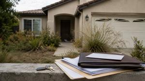 Vacant suburban home with estate paperwork and house keys, representing inherited reverse mortgage property risks after a borrower’s death.