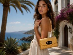 Woman in white summer dress carrying a yellow woven chain shoulder bag on a Mediterranean coastal street - designer handbags available at outlet prices on Ask Me Wear