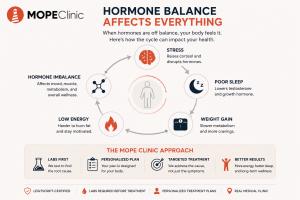 Hormone balance infographic showing stress sleep metabolism and weight gain factors at MOPE Clinic in Metairie