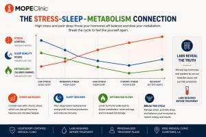 Stress sleep and metabolism infographic showing cortisol sleep quality and metabolism changes at MOPE Clinic