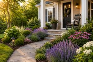 Welcoming front garden with lavender, coneflowers, flowering shrubs, and a curved stone walkway leading to a home's front porch. The landscape demonstrates the Welcome Home Garden concept focused on beauty, fragrance, and everyday enjoyment.