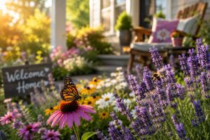 Bee visiting lavender flowers in a pollinator-friendly garden featuring colorful perennials and fragrant blooms near a home's entryway.