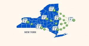 Map of New York counties showing how LLC publication fees reach local newspapers in the county where each LLC is designated.
