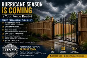 Storm-ready wood fence and automatic iron gate in Southeast Louisiana with hurricane preparation checklist from Tony’s Fencing & Iron Works.