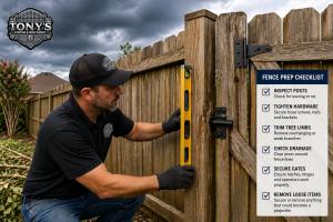 Tony’s Fencing & Iron Works technician inspecting a wooden fence gate before hurricane season in Southeast Louisiana.