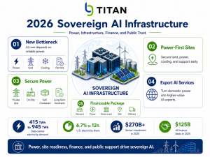 BG Titan 2026 Sovereign AI Infrastructure infographic: power, finance, and public trust drive national AI capacity.