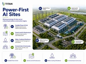 Infographic of a data-center campus showing four power-first AI site essentials: power, land, cooling, and connectivity.