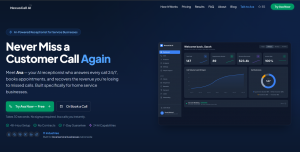 NexusCall AI dashboard interface displaying call volume, booked appointments, and revenue metrics for home service businesses
