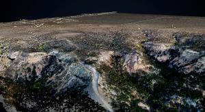 Aerial 3D photogrammetry scan of Palo Duro Canyon at MERUS Adventure Park, showing the flat Texas plateau rim at top with fence lines and scattered structures,…Aerial 3D photogrammetry scan of Palo Duro Canyon at MERUS Adventure Park,