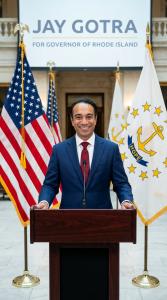Jay Gotra standing at a podium with his name plate reading Candidate for Governor of Rhode Island, flanked by the American flag and Rhode Island state flag