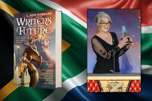 L. Ron Hubbard Presents Writers of the Future Volume 42 release in South Africa with Bedford winner, Dorothy de Kok, and her award-winning story "Thickly." Image of Dorothy on the right with the Writers of the Future book on the left, and all over a field