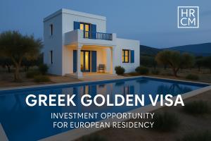 Greek countryside villa with pool at dusk, promoted by HRCM as a Greek Golden Visa real estate investment opportunity for non‑EU investors seeking European residency. This explains what is visually there (villa, pool, dusk) and how it relates to your top