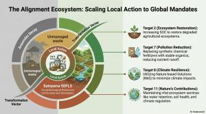 Target 2 (Ecosystem Restoration): Increasing SOC to restore degraded agricultural ecosystems. Target 7 (Pollution Reduction): Replacing synthetic chemical TTT fertilizers with stable organics, Reactor reducing nutrient runoff. Target 8 (Climate Resilienc