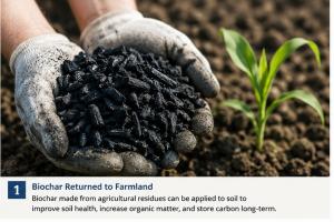 Biochar made from agricultural residues can be applied to soil to improve soil health, increase organic matter, and store carbon long-term.