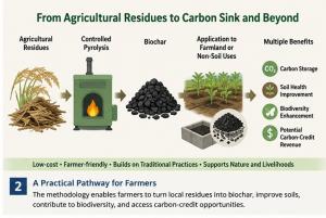 The methodology enables farmers to turn local residues into biochar, improve soils, contribute to biodiversity, and access carbon-credit opportunities.