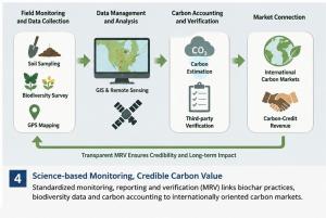 Standardized monitoring, reporting and verification (MRV) links biochar practices, biodiversity data and carbon accounting to internationally oriented carbon markets.