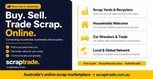 A digital marketplace interface displayed on a smartphone and laptop, set against an industrial scrap yard background featuring stacked metal, recycled vehicles, and processing equipment, representing ScrapTrade's online platform connecting scrap buyers, 