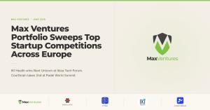 Graphic titled "Max Ventures Portfolio Sweeps Top Startup Competitions Across Europe" (June 2026). The image highlights two portfolio company achievements: IKI Health winning the Next Unicorn competition at Ibiza Tech Forum and Courtbrain placing second a