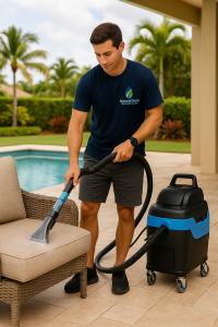 natureclean technician steam cleaning outdoor patio furniture