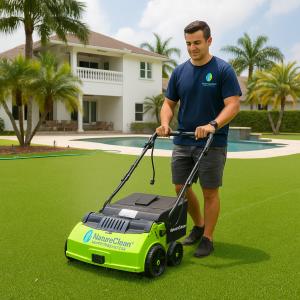 natureclean technician performing a pre sweep of artificial turf grass before cleaning