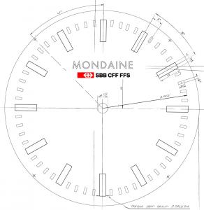 Technical drawing of a MONDAINE watch dial showing markers, proportions and design